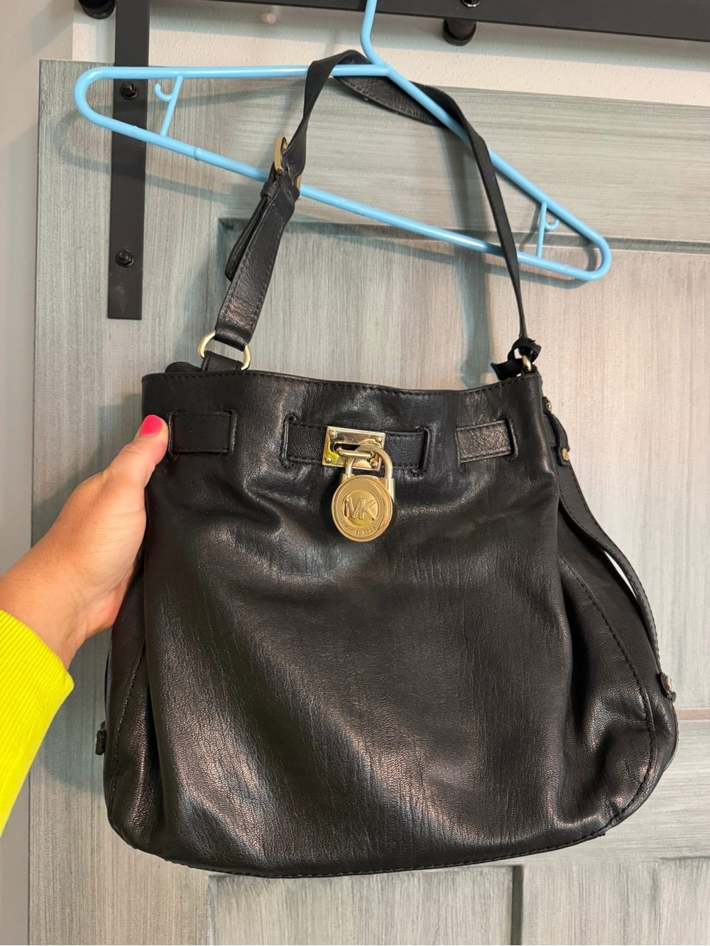 Michael Kors Black Leather Shoulder Hobo with Gold Charm
